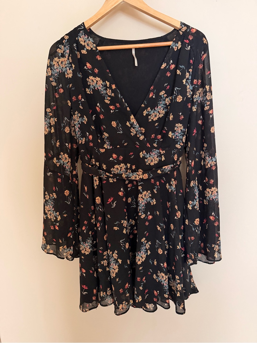 Free People Black Floral Wrap Mini Dress Bell Sleeve 🌛